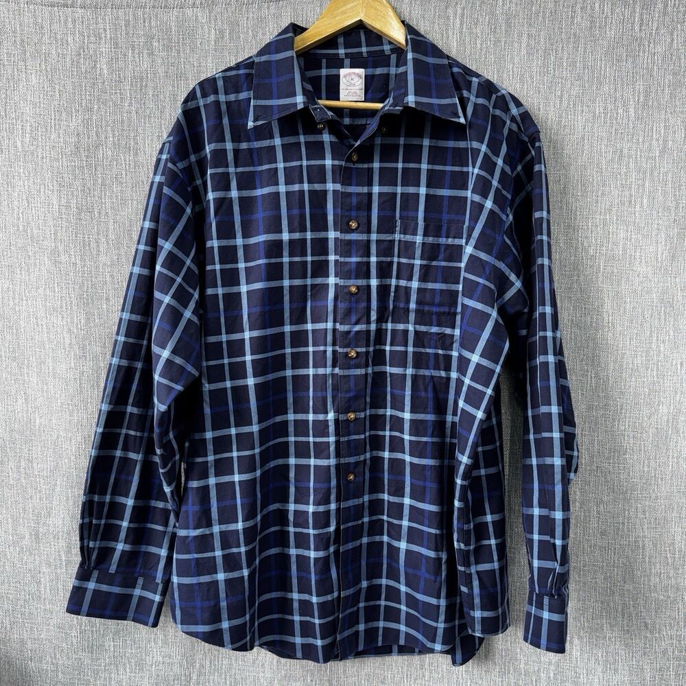 Brooks Brothers 346 Dress Shirt Mens XL Blue Plaid Non-Iron Cotton Long Sleeve